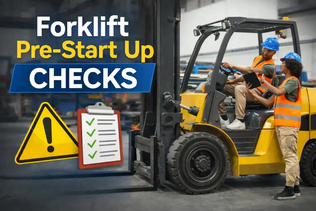 Example SOP video thumbnail titled Forklift Pre-Start Up Checks, showing two workers at a forklift