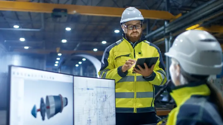 A technician using a tablet beside screens showing technical drawings
