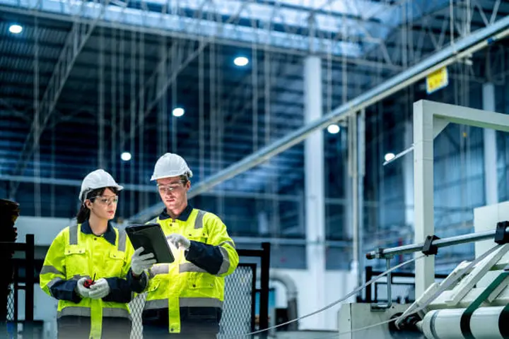 Two workers in hi-vis reviewing information on a tablet inside a large facility