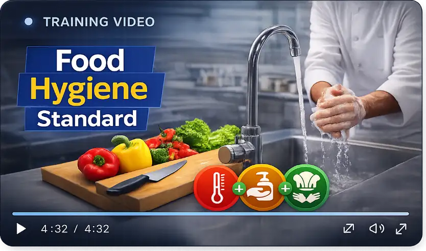 Example training video: Food Hygiene Standard, showing hand washing at a commercial sink